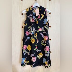 Vintage Black Collared Floral Button Up Knee Length Dress with Waist Ties